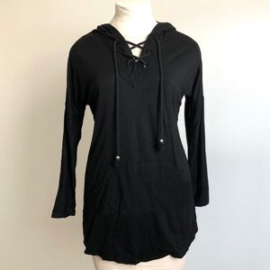 Women's Black Lace-Up Hoodie Top